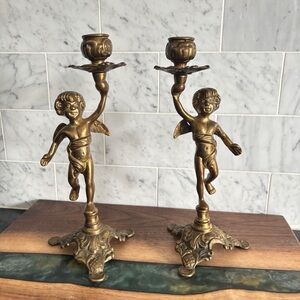 Vintage Pair of Solid Brass Cherub Candle Holders